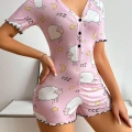 Pamuklu Pembe Kuzu Desenli Düğmeli Uzun Kol Tulum Pijama