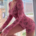 Pamuklu Pembe Siyah Kalp Desenli Düğmeli Uzun Kol Tulum Pijama