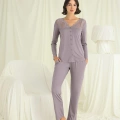 Yakası Kolu Ve Omzu Dantelli Boydan Düğmeli Pijama Takımı