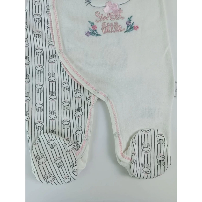 0-3 3-6 Ay Minik Tavşan Nakışlı Boydan Çıtçıt Kapamalı Kız Erkek Bebek Tulumu Ekru