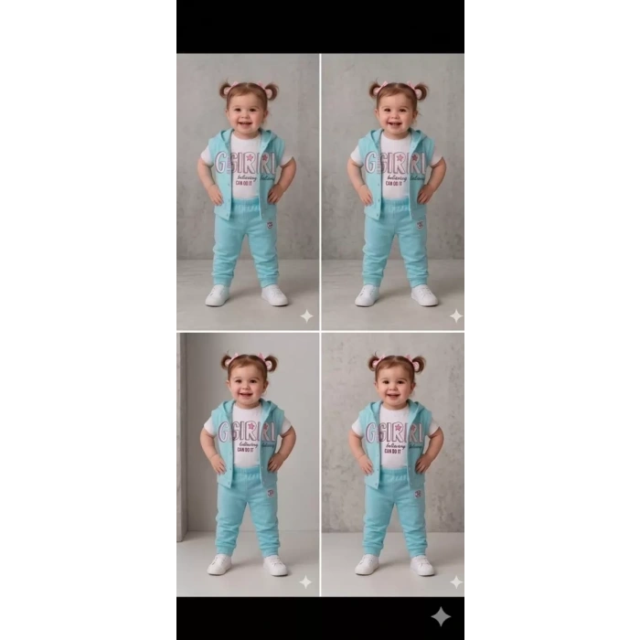 1/4 Yaş Girl Baskılı Yelekli 3lü Çocuk Takımı