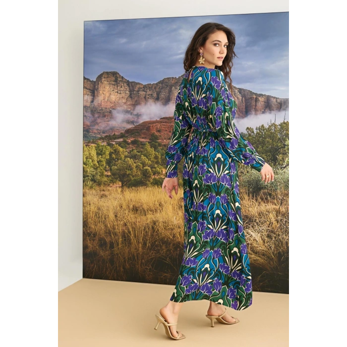 %100 Viskon Çiçek Desenli Saten Elbise