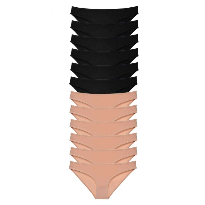 12 Adet Süper Eko Set Likralı Kadın Slip Külot Siyah Ten