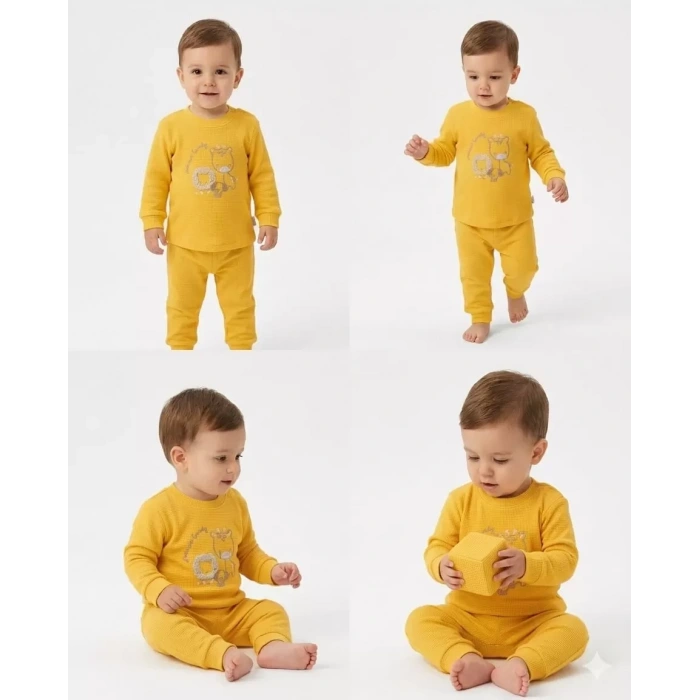 6/24 Ay Baskılı Waffle Kumaş Bebek Takımı