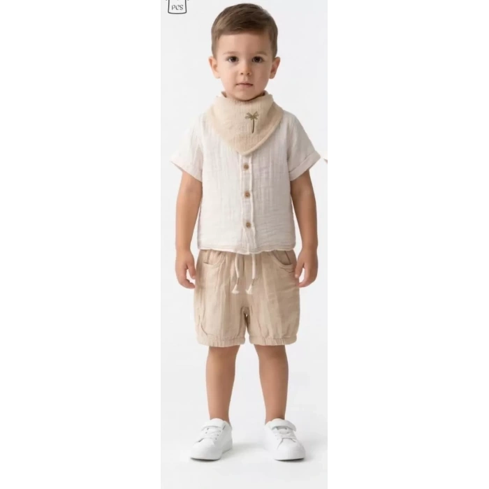 6/24 Ay Fularlı Müslin Kumaş 3lü Bebek Takımı