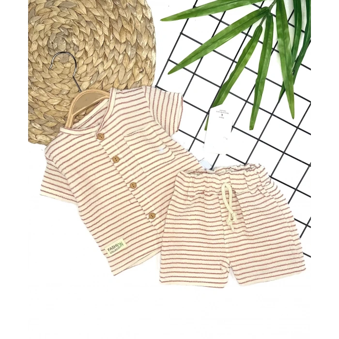 9-12-18-24 Ay Düğme Detaylı Çizgili Müslin Kumaş Yazlık 2li Erkek Bebek Takımı