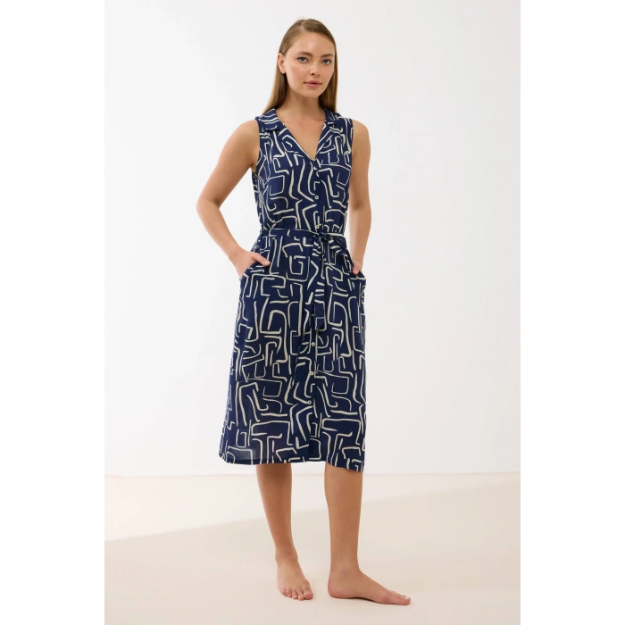 Anıl 11799 Kadın Sıfır Kol Önü Düğmel Desenlii Elbise