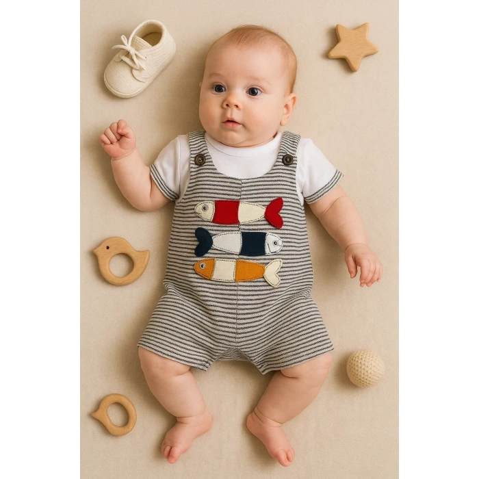 Balık Nakışlı Kısa Kollu Erkek Bebek Tulumu