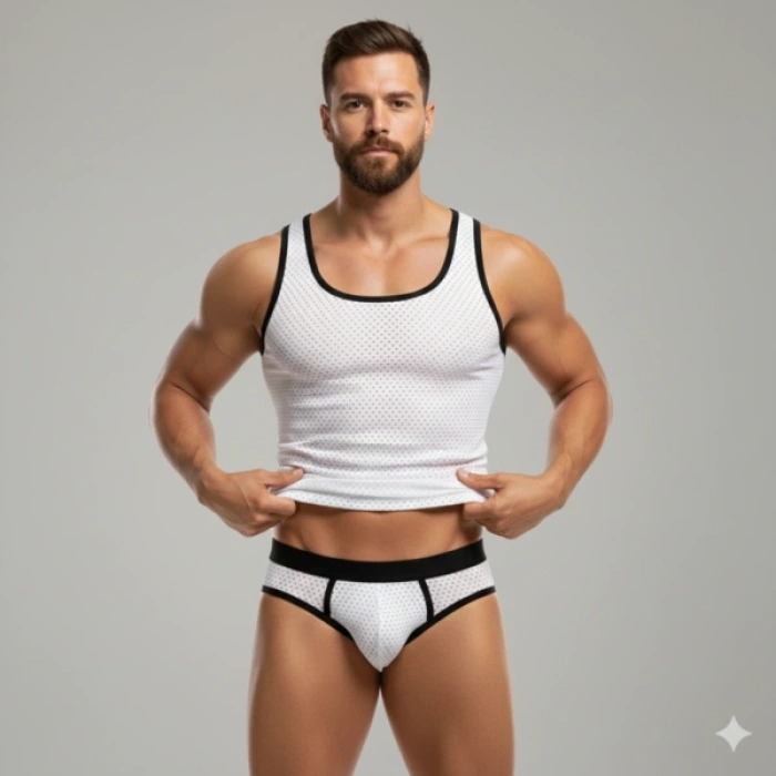 Beyaz Delikli Kumaş Tank Top Slip Takımı