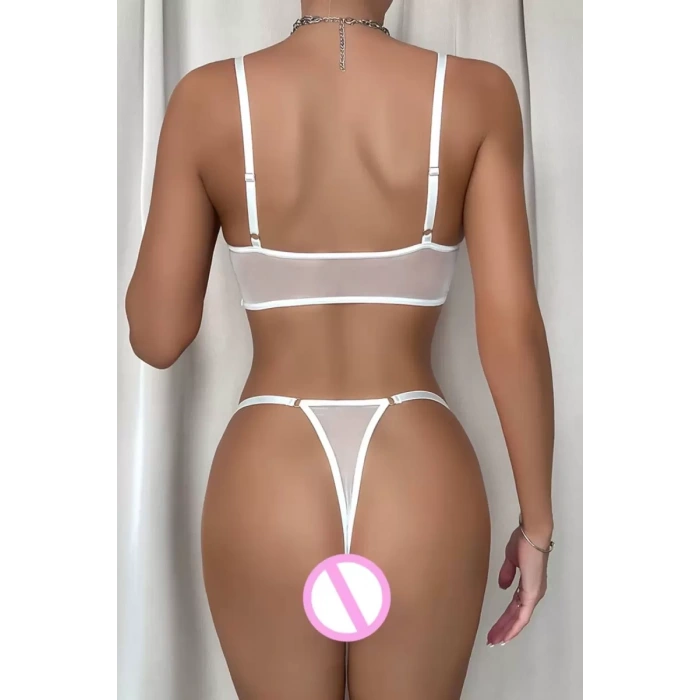 Beyaz Transparan Tül Bralet Tanga İç Giyim Takımı