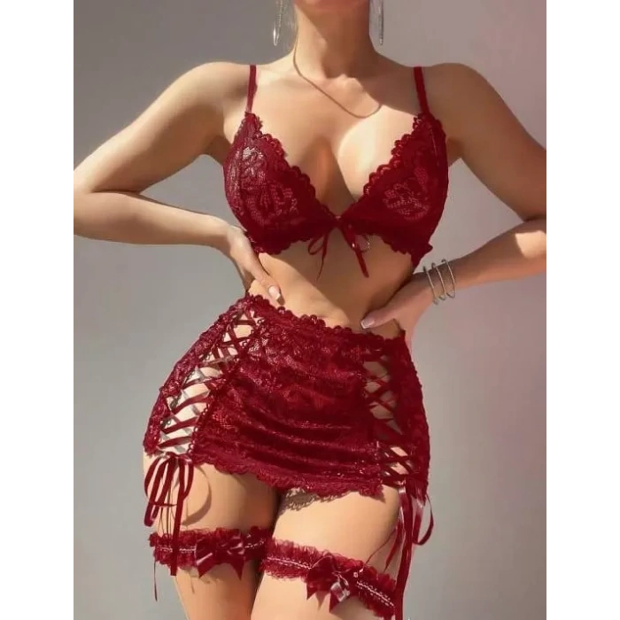Bordo Transparan Dantel İşlemeli İp Detaylı Fantezi Takım