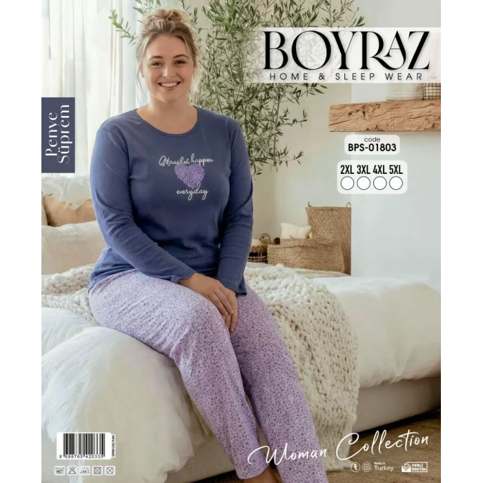 Boyraz Bps-01803 Kadın Battal Uzun Kollu Pijama Takımı