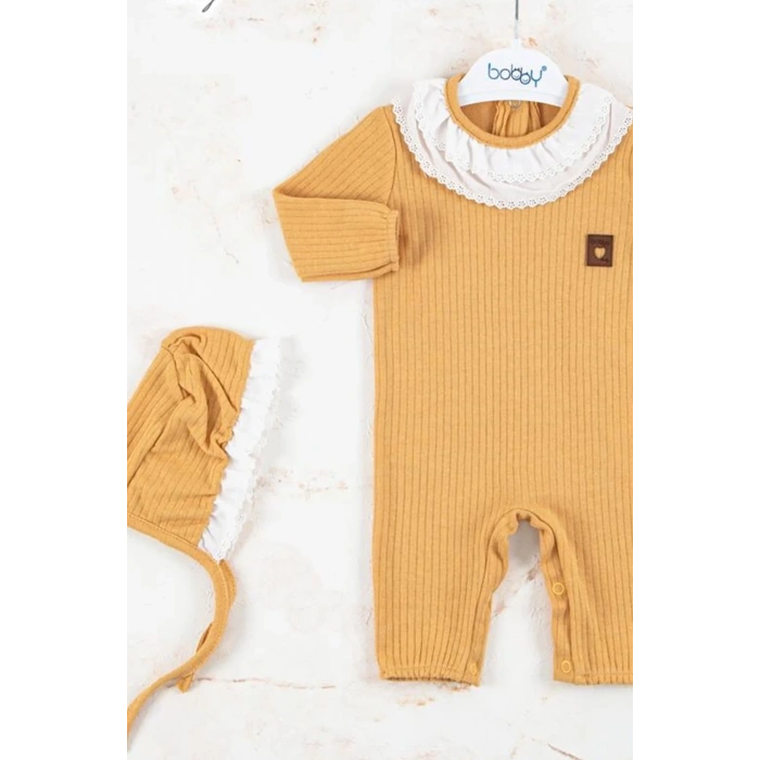 Brode Nakışlı Şapkalı % 100 Pamuk Kız Bebek Tulumu