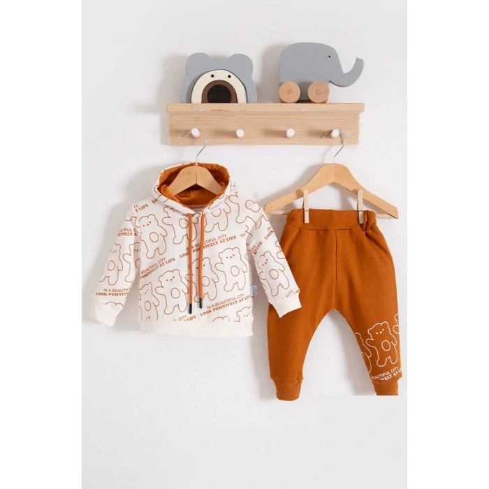 Çapraz Bears Kapüşonlu % 100 Pamuk Erkek Bebek Takımı