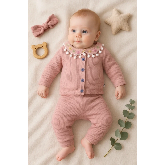 Çiçek Nakışlı Düşmeli Bandanalı Kız Bebek Takımı