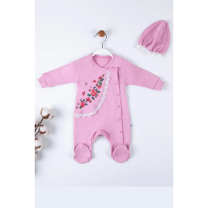 Çiçek Nakışlı Şapkalı % 100 Pamuk Kız Bebek Tulumu