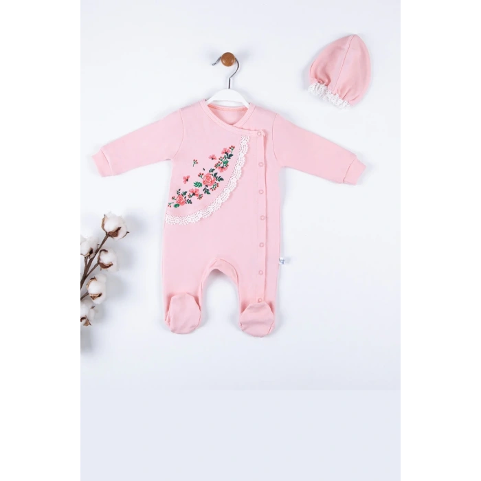 Çiçek Nakışlı Şapkalı % 100 Pamuk Kız Bebek Tulumu