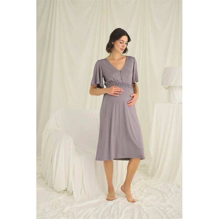 Dantelli Önden Düğmeli Hamile Lohusa Gecelik