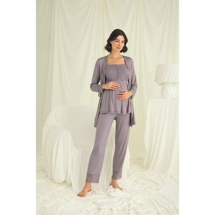 Dantelli Önü Düğmeli Hamile Lohusa 3lü Pijama Takımı
