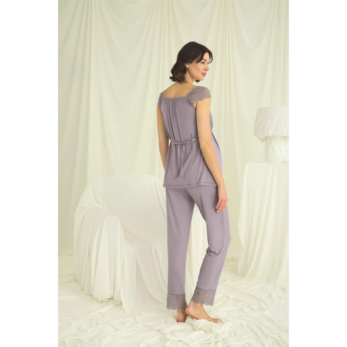 Dantelli Önü Düğmeli Hamile Lohusa 3lü Pijama Takımı