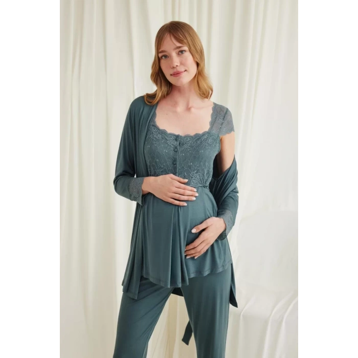 Dantelli Önü Düğmeli Hamile Lohusa 3lü Viskon Pijama Takımı