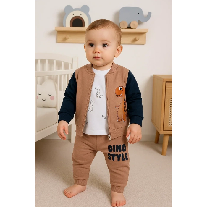 Dinazor Desenli Hırkalı 3lü Erkek Bebek Takım