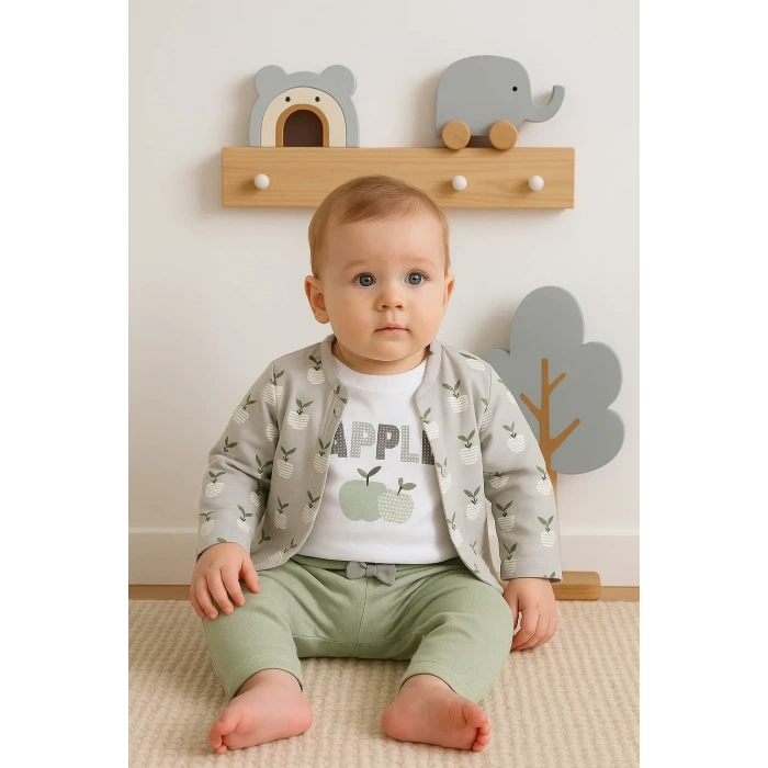 Elma Desenli Ceketli 3lü Kız Bebek Takımı