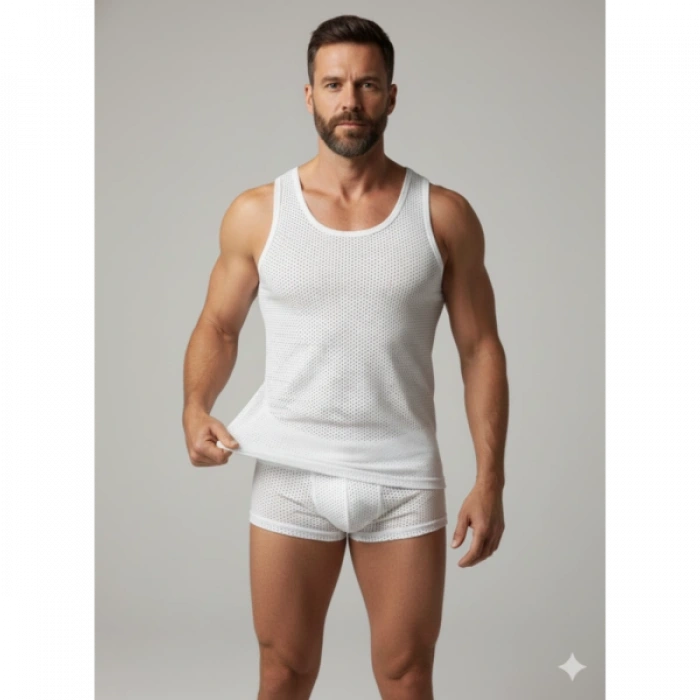 Erkek Beyaz File Tank Top Boxer Takımı