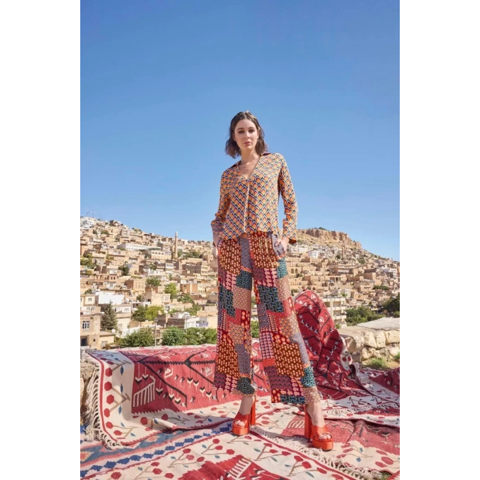 Etnik Desenli Saten Alt Üst Takım