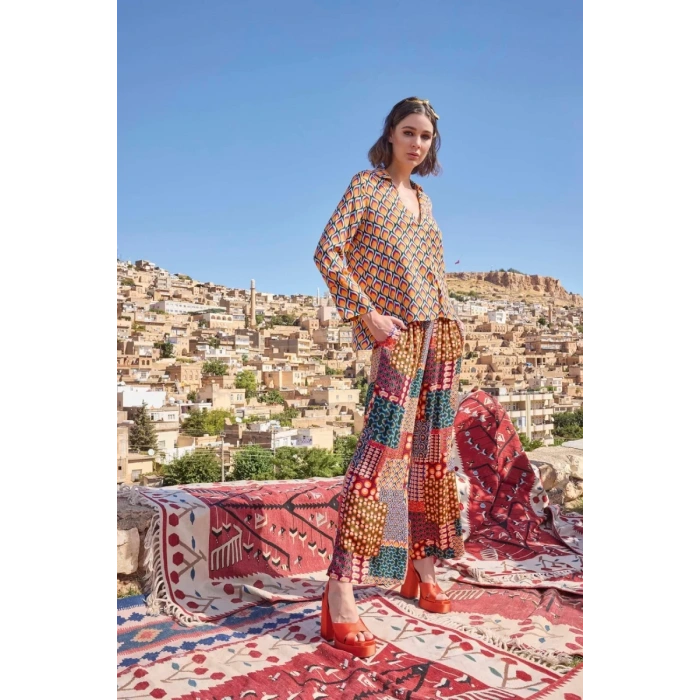 Etnik Desenli Saten Alt Üst Takım