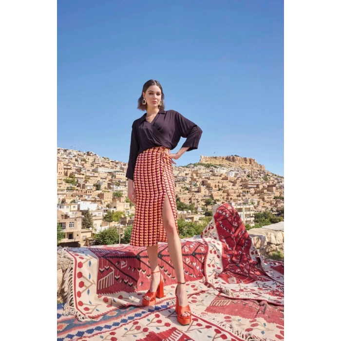 Etnik Desenli Saten Etek Takımı