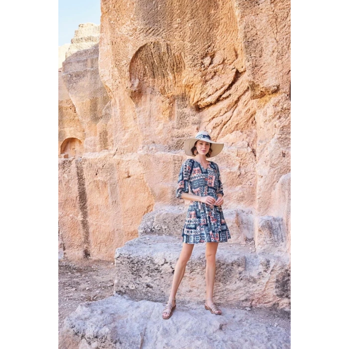 Etnik Desenli Truvakar Kollu V Yaka Elbise