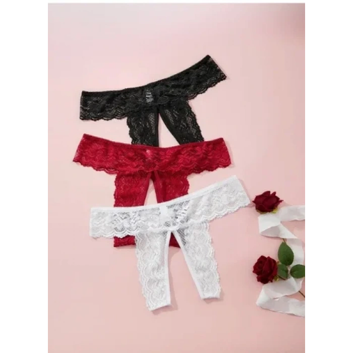 Fantezi Kadın 3lü Özel Bölgeleri Açık Dantelli Tanga Seti