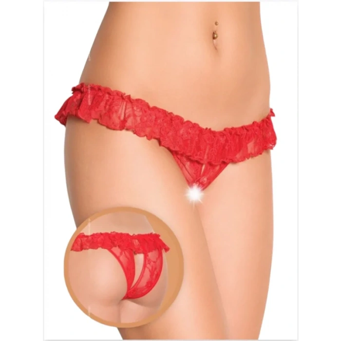 Fantezi Üstü Fırfırlı Ağı Açık Kırmızı Dantel Tanga - String