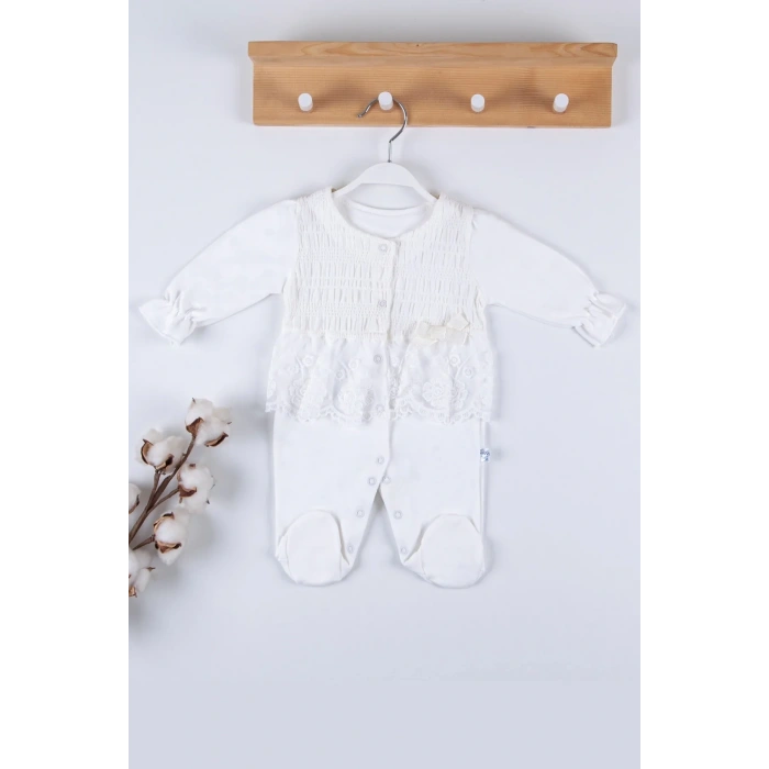 Gofralı Fransız Güpürlü % 100 Pamuk Kız Bebek Tulumu