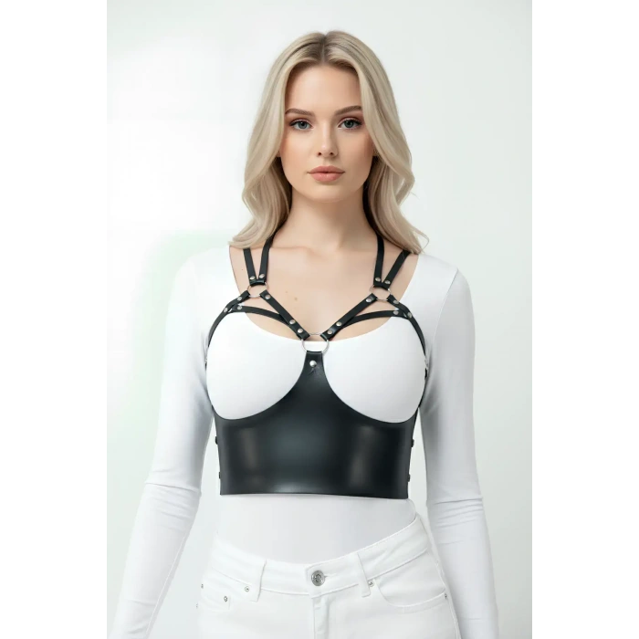 Göğüs Detaylı Deri Harness Büstiyer, Şık Deri Korse - Brf872