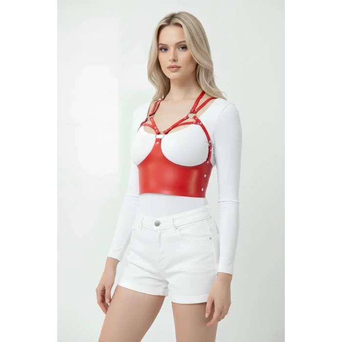 Göğüs Detaylı Deri Kırmız Harness Büstiyer, Şık Deri Korse - Brf872