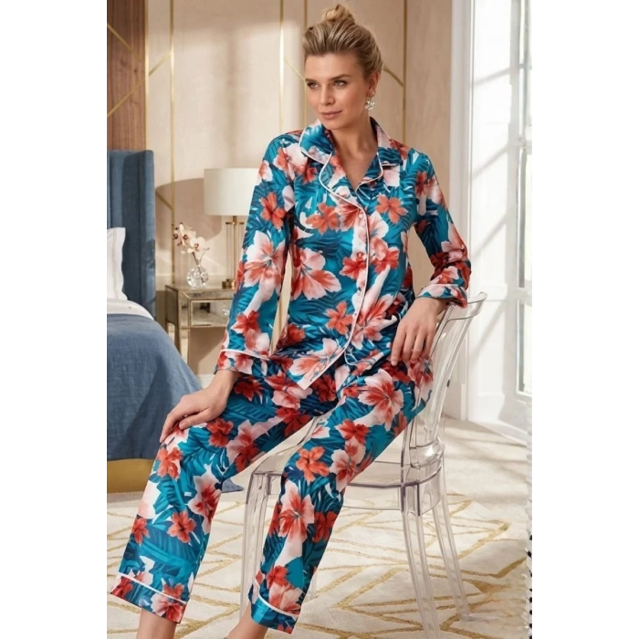 Gül Desenli Pijama Takımı Kadın Nurt5654
