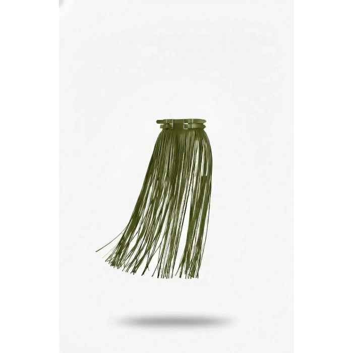 Haki Etek Uzun Püsküllü Suni Deri Etek - Brf1090