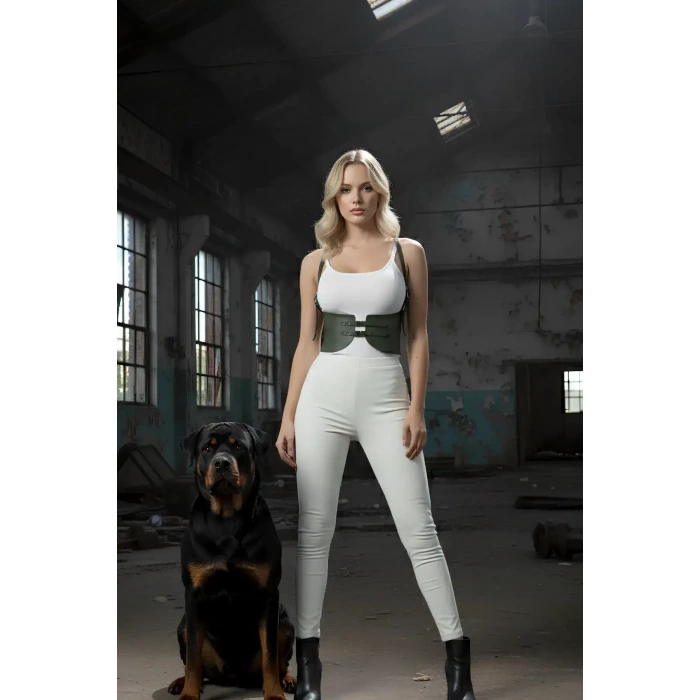 Haki Renk Kalın Kadın Kemeri, Deri Kemer Harness - Brf605