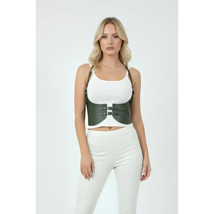 Haki Renk Kalın Kadın Kemeri, Deri Kemer Harness - Brf605