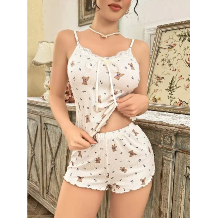 Kadın Ayıcık Desenli Şortlu Pijama Takımı Rahat Ve Şık Ev Giyim Seti