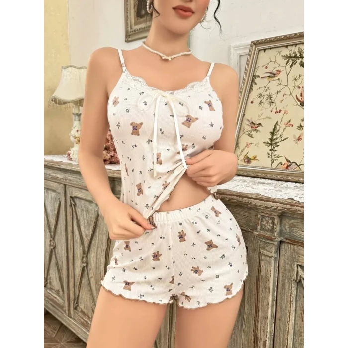 Kadın Ayıcık Desenli Şortlu Pijama Takımı Sevimli Rahat 2’li Set
