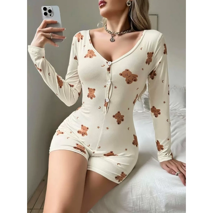 Kadın Bej Ayıcık Desenli Pijama Tulumu 5123
