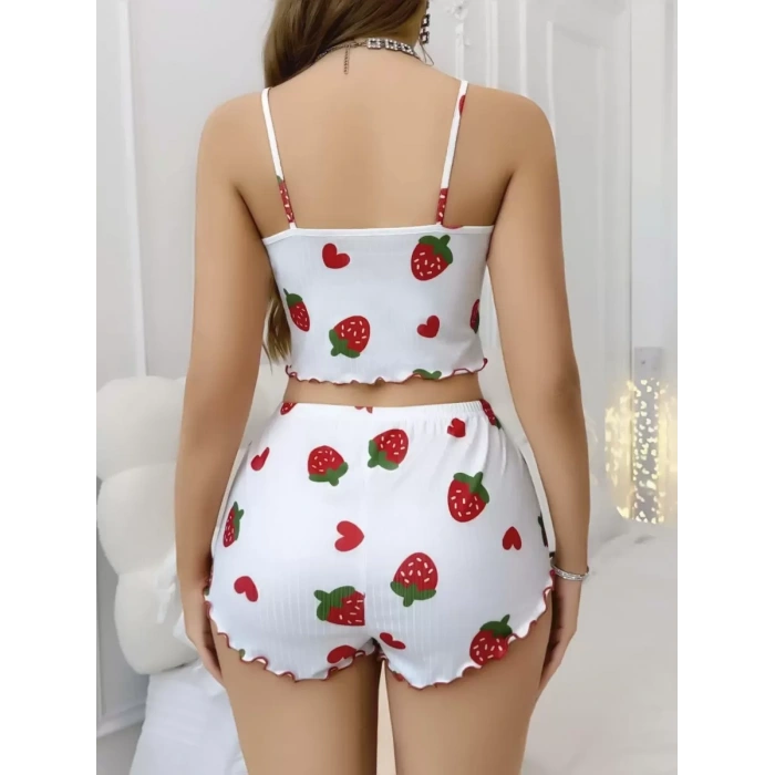 Kadın Beyaz Çilek Desenli Şortlu Pijama Takımı Sevimli Rahat 2’li Set