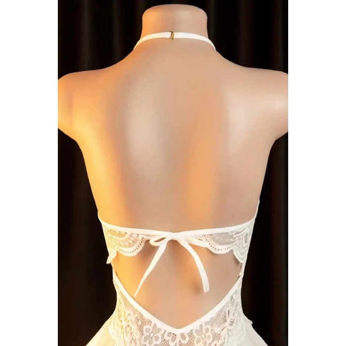 Kadın Beyaz Dantel Ve Tül Detaylı Derin V Yaka Teddy Gecelik