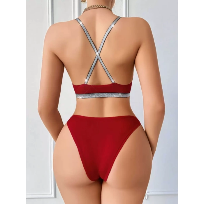 Kadın Bordo Love Yazılı Arkası Çarpraz Mayo Bikini 5169