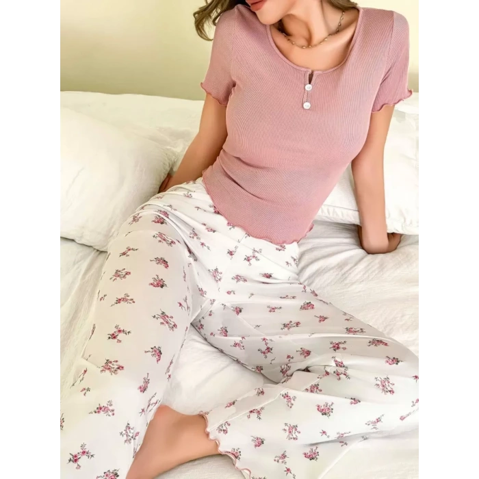 Kadın Çiçekli Desen Yumuşak Pamuklu Uzun Pijama Takımı 5131