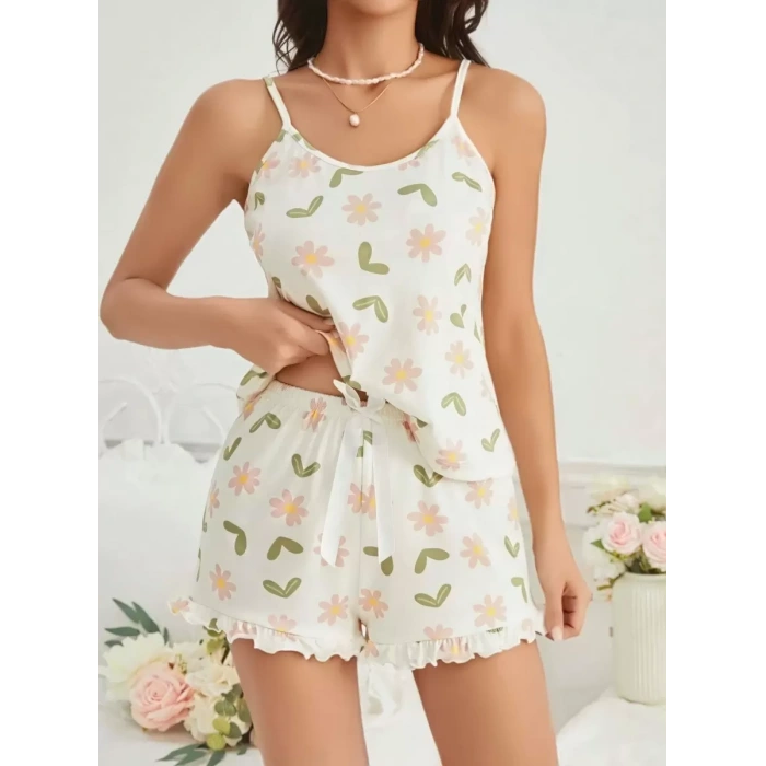 Kadın Ekru Çiçek Baskılı Şortlu Gecelik Pijama Takımı Rahat Şık 2’li Set