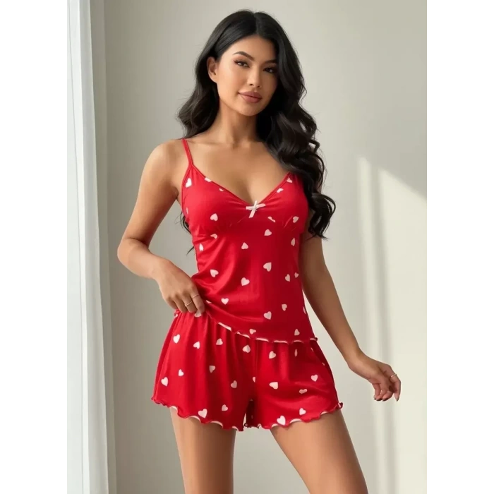 Kadın Kırmızı Kalp Desenli Şortlu Pijama Takımı Sevimli Rahat 2’li Set